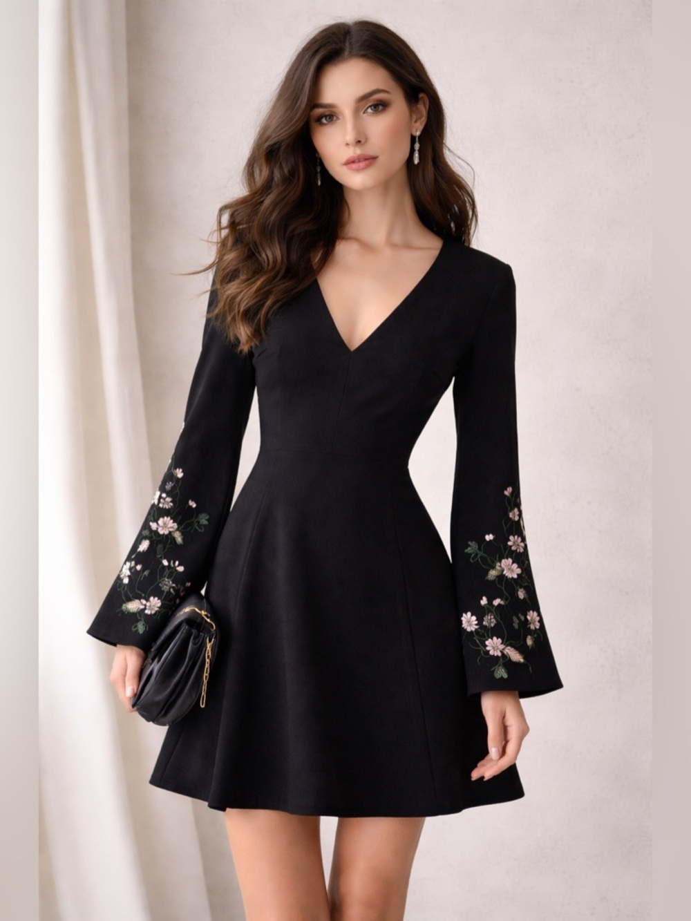 H&M Black Embroidered Sleeve Fit & Flare  V neck Bell sleeves  Dress bodycon 6